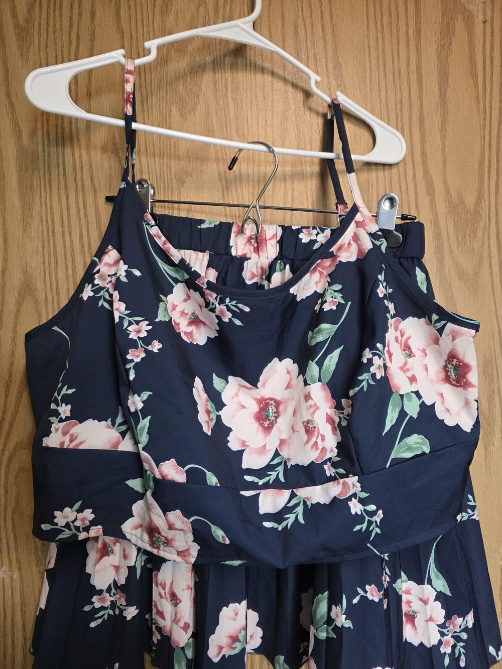 0SHEIN Navy Floral Two-Piece Skirt Set with Pink and Green Flowers
